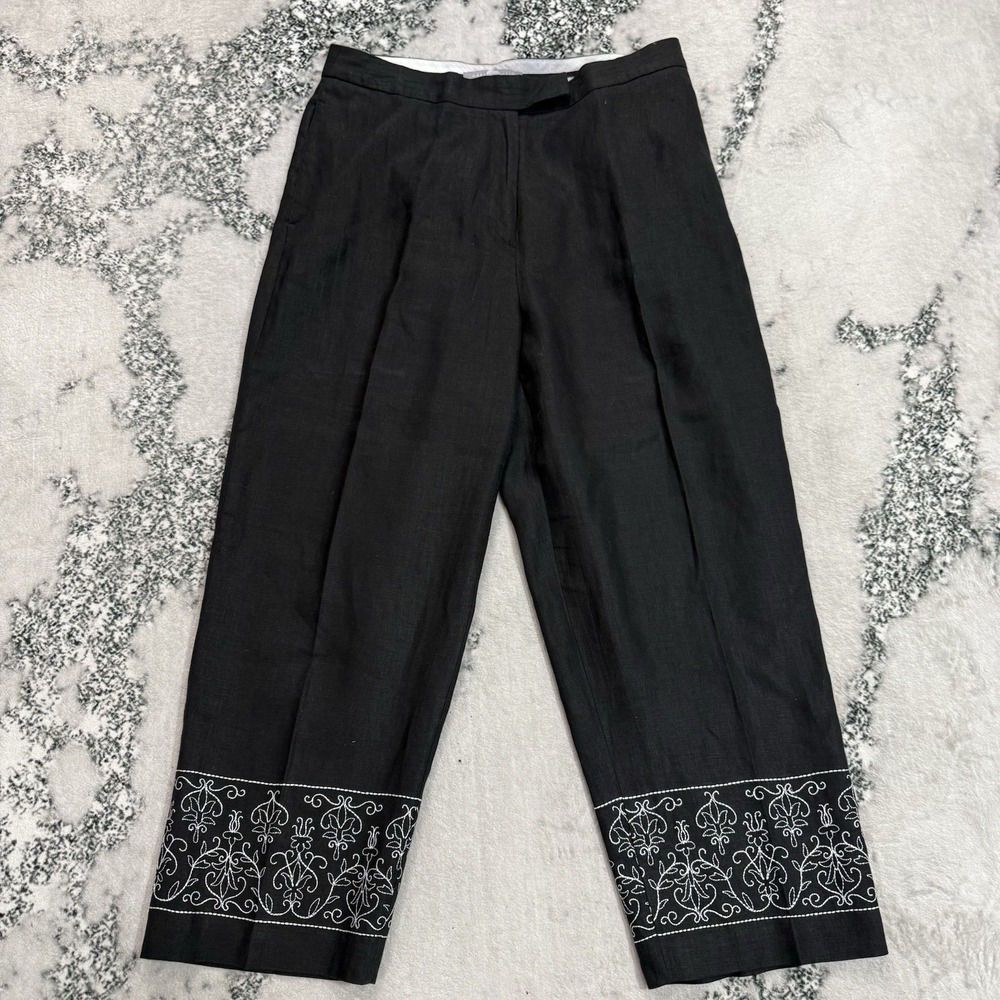 Carroll Reed Womens Size 12 Black Linen Pants Embroidered Hem Cropped Pants